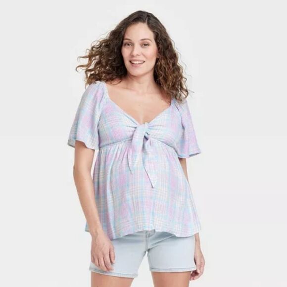 🆕🔥Isabel Woven Peek-a-boo Tie-Front Maternity Top - Plaid - Picture 2 of 3